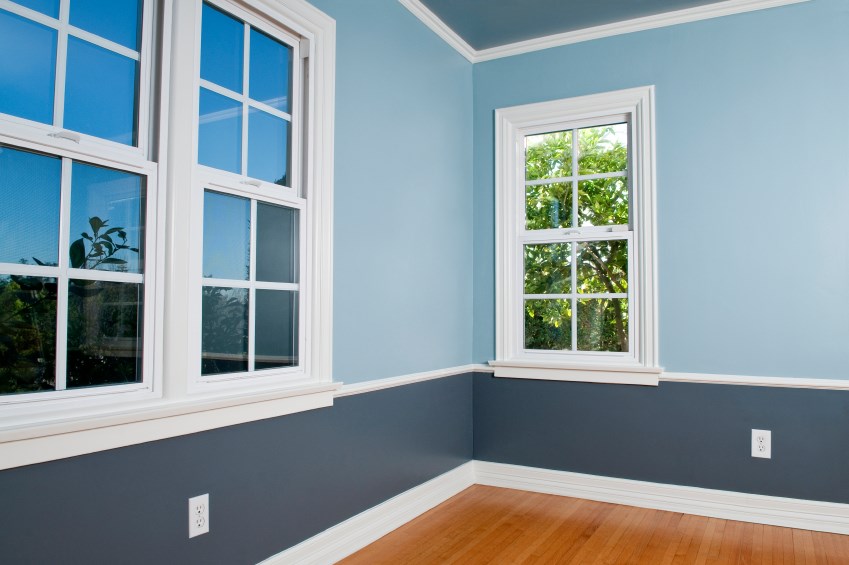 Freshly painted room with two-tone blue paint
